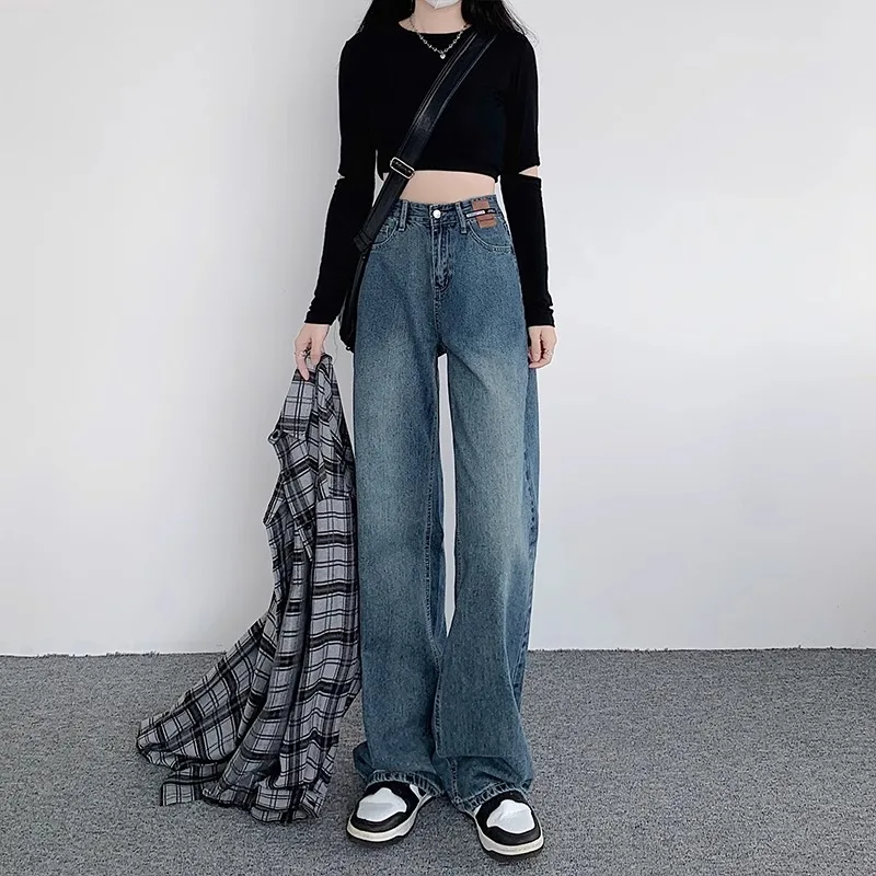 

High Waist Wide Leg Blue Jeans Women Loose Fit Floor Length Straight Cut Trousers Trendy Cotton Stretch Denim High Waist