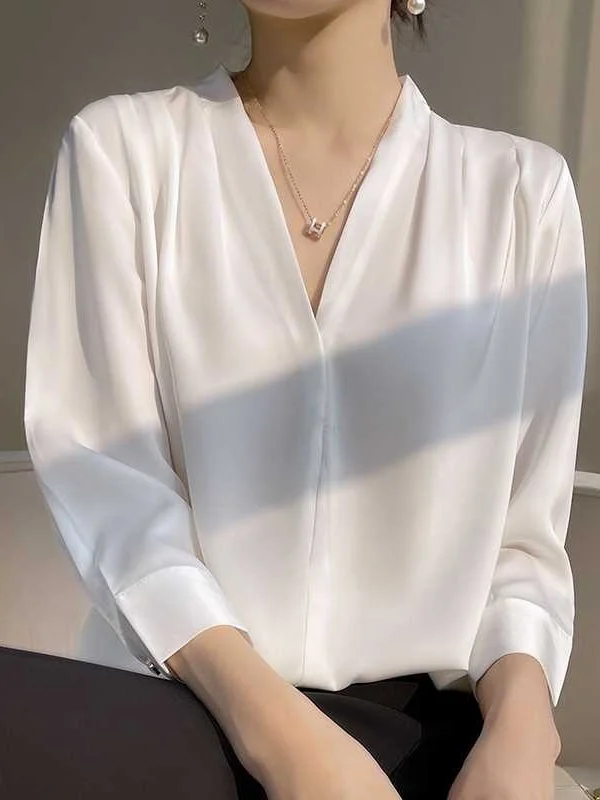 

Silk Satin Women's V-ne irt Simple Nine Sve Thin Sle Commute Faion Pure Color Not Easy to Deform Ladies' Premium S...