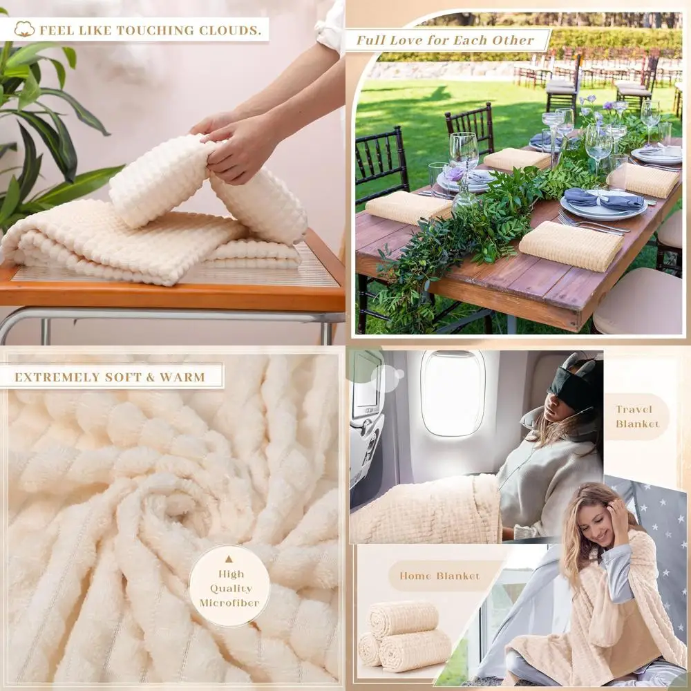 

50x60 Inch Bulk Flannel Fleece Blankets, 3D Jacquard Grid, Ivory, Perfect for Weddings, Donations, and Home