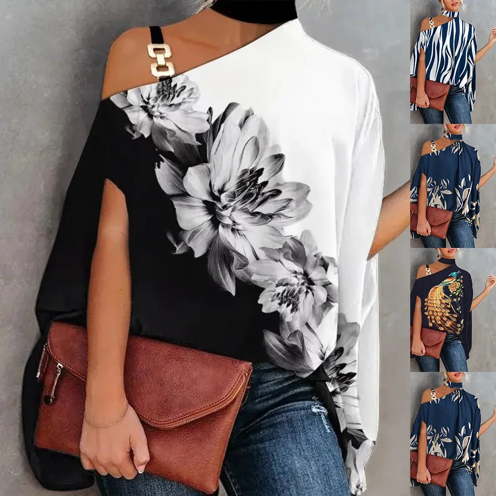 2024 Summer Loose Women's Wear Hanging Neck Shawl Printed Elegant Short Sleeve Women's Bat Shirt