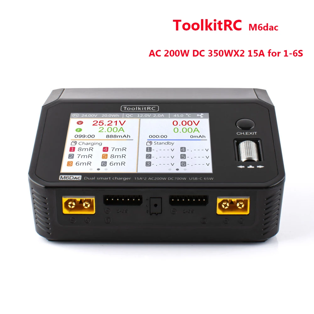 

ToolkitRC M6dac Dual Channel Smart Lipo Battery Charger Discharger AC 200W DC 350WX2 15A for 1-6S LiHV Lipo Battery PD 65W