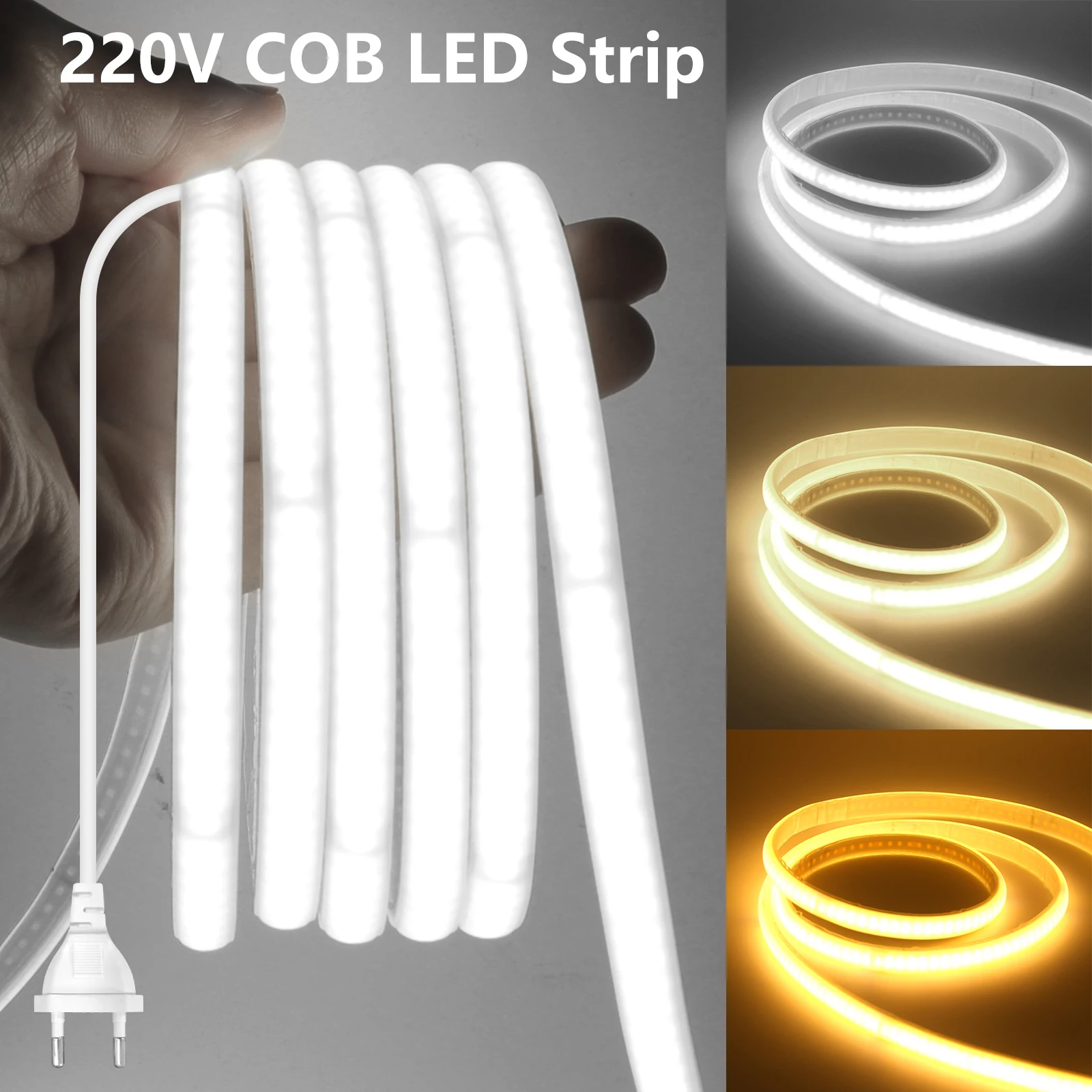 COB LED Strip 220V Waterproof Self‑Adhesive 10CM Cuttable 240LEDs/m 3000K 4000K 6000K Home Decor Flexible Ribbon Linear Lighting