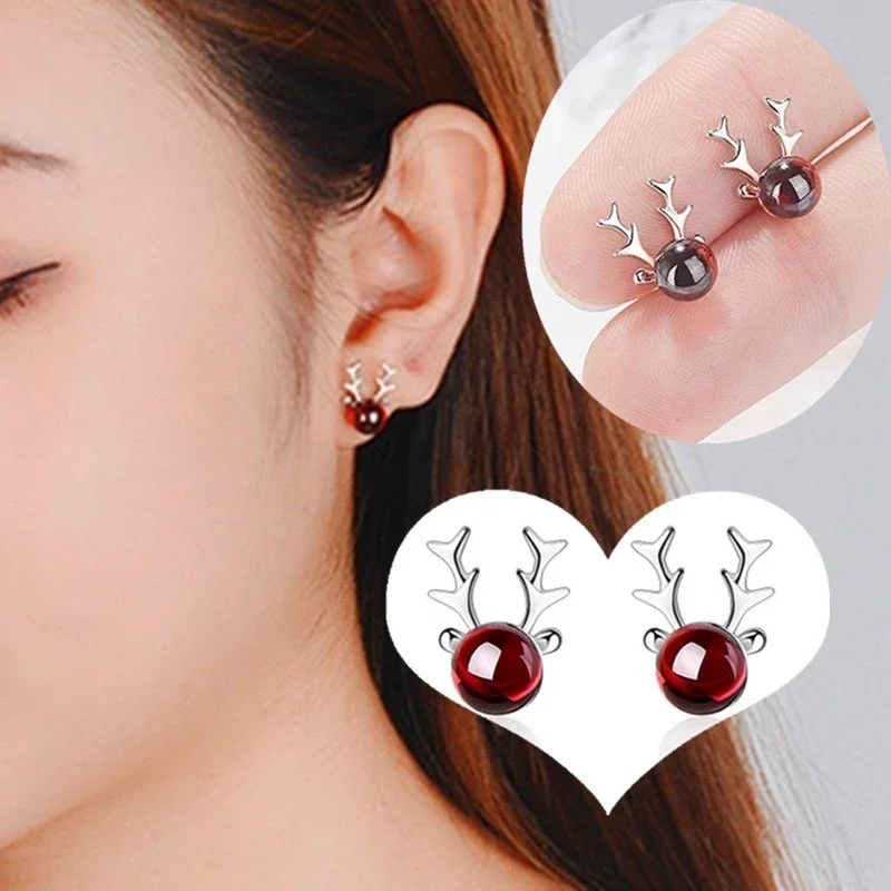 Delysia King Women Trendy Design High-grade Garnet Antler Earrings Girlfriend Elk Animal Ear Stud Christmas Gifts Jewellery