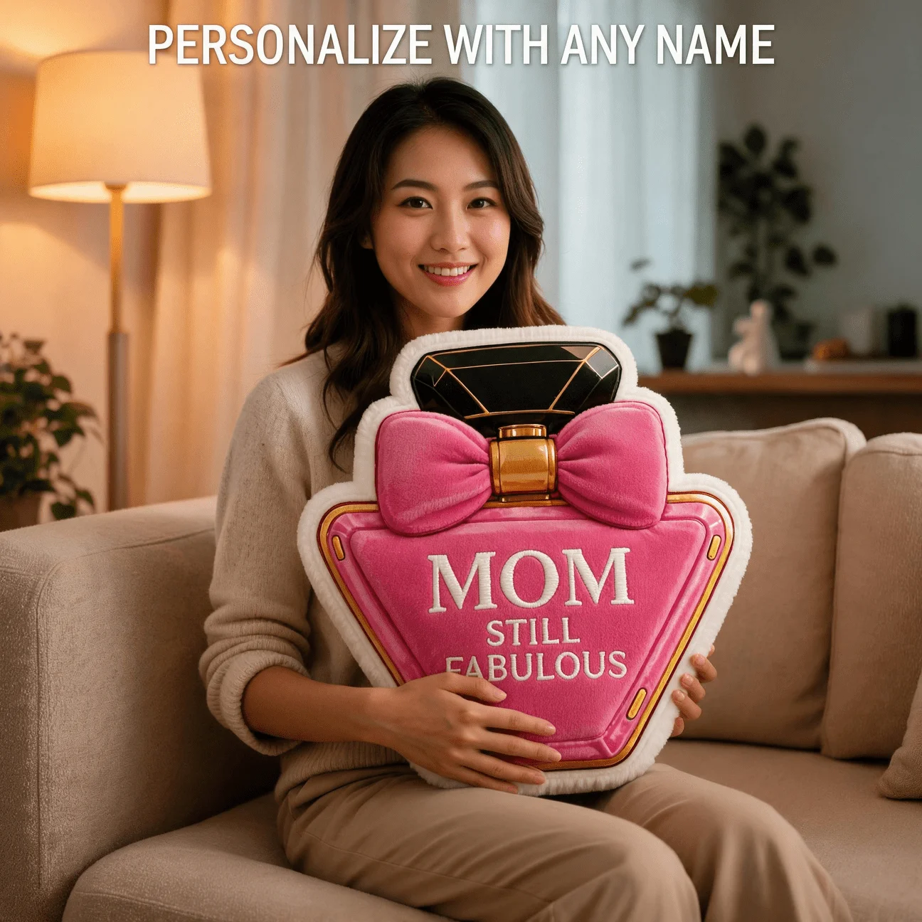 Custom Photo Perfume Bottle Shaped Pillow, Mom Still Fabulous Pink Bow Decorative Cushion, Unique Home Decor Accent for Sofa & B