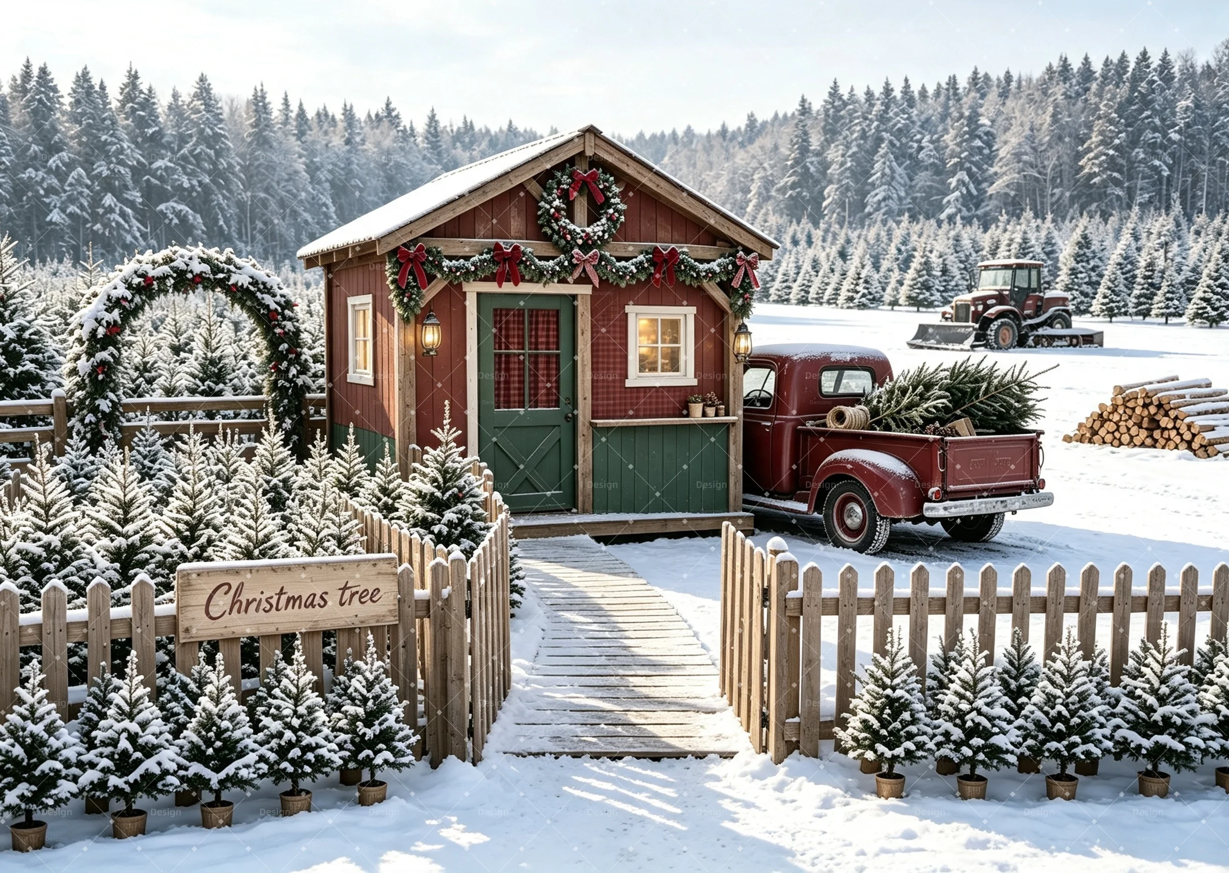Outdoor Snow Farm Christmas Corner Photography Backdrop Cabin Pickup Truck Snowy Pine Tree Fence Holiday Studio Decor Prop