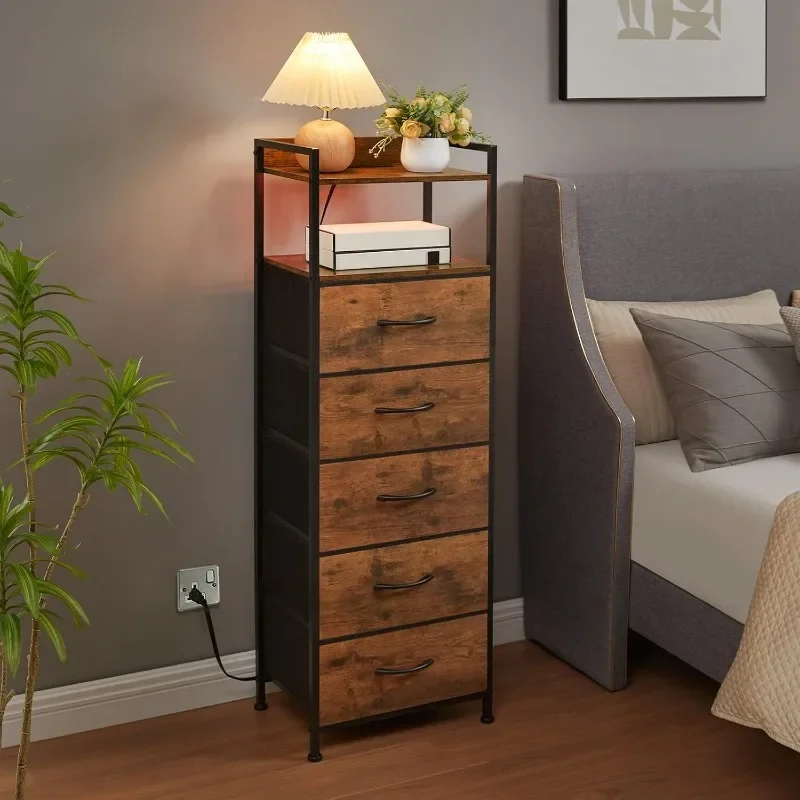 5 Drawers Dresser with Charging Station and LED Light for Bedroom, Tall Nightstand with Removable Fabric Bins for Bedside