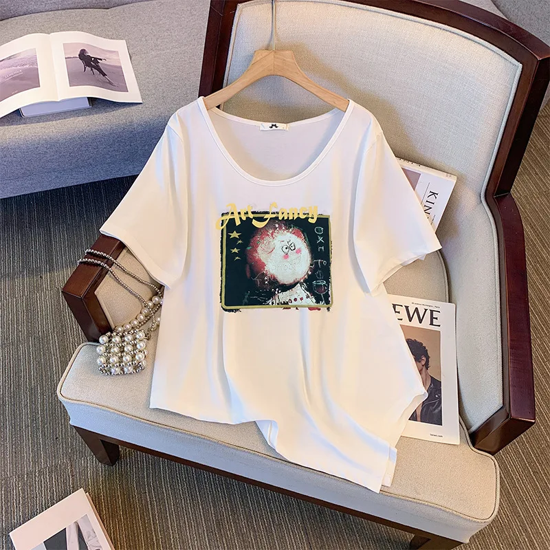 تي شيرت نسائي بأكمام قصيرة ، ملابس نسائية أساسية بسيطة ، متوسطة وطويلة ، عصرية ومتعددة الاستخدامات ، سمينة ، مقاس كبير ، 60-: