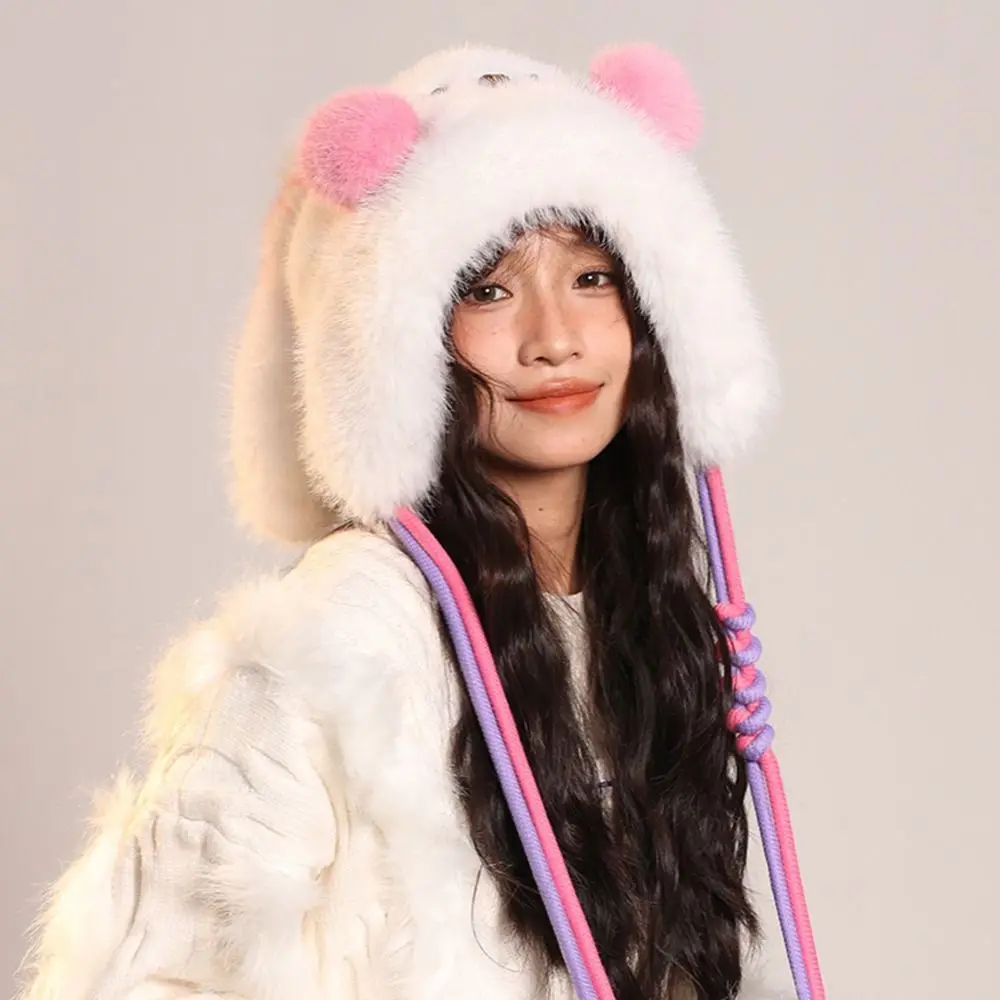 Winter Balaclava Hat Blush Rabbit Ear Thickened Ear Protection Hat Windproof Keep Warm Fluffy Pullover Hat for Women Girls