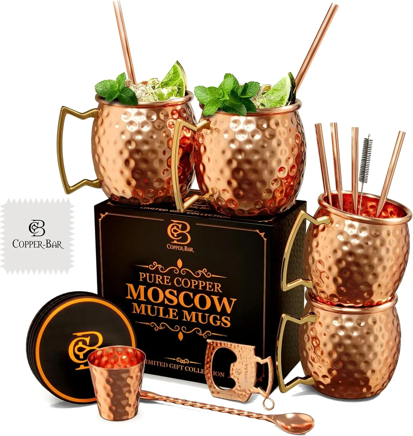 

Copper Moscow Mule Mugs Set of 4, 16oz Hammered Pure Copper Cups with Accessories, Handcrafted Gift for Cocktail Lovers