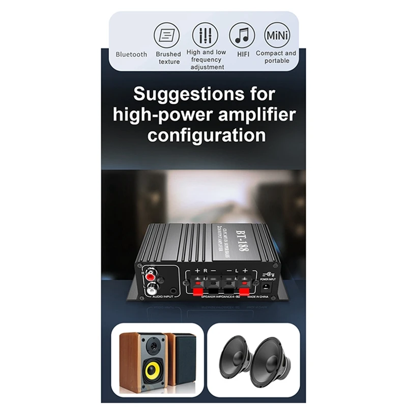 BT-188 Digital Bluetooth Amplifier Mini 2-Channel Output Home Computer Audio Amplifier 12V Car