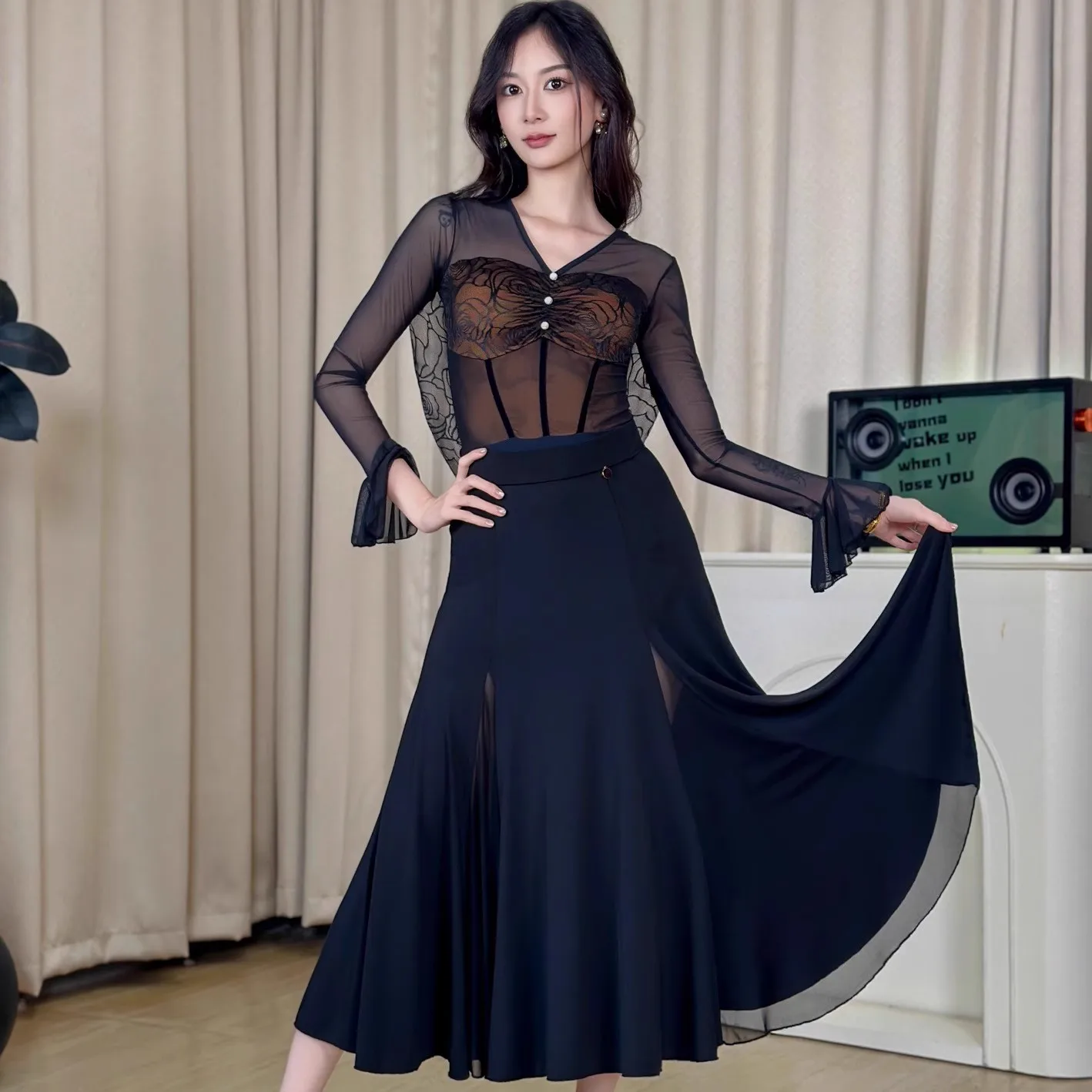 Moderne Dans Fluwelen Rok Voor Vrouwen Volwassen Nationale Standaard Dans Mesh Halve Rok Chacha Ballroom Dansvoorstelling Slijtage DN21960