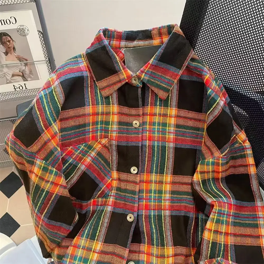 여성 타탄 셔츠 긴 소매 버튼업 캐주얼 오버사이즈 체크 셔츠 싱글 브레스티드 재킷 패션 청소년 남성 봄 여름