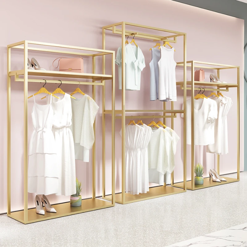 Floor standing high-end women's clothing store display shelves, iron art shelves, double layer gold hanging clothes shelves