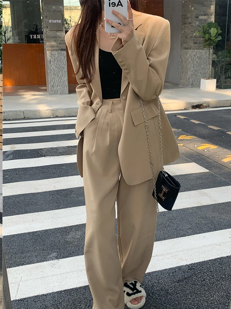 Nieuwe Professionele Tweedelige Pakken Vrouwen Koreaanse Mode Losse Lange Mouw Blazer + Hoge Taille Wijde Pijpen Broek Sets office Dames