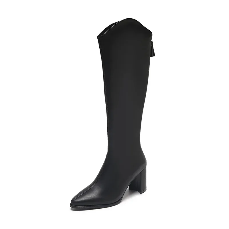 2026 Soft Pu Leather Knee-High Boots Women Winter Short Plush Thick Heels Long Boots Woman Black Back Zipper Knight Botas Mujer