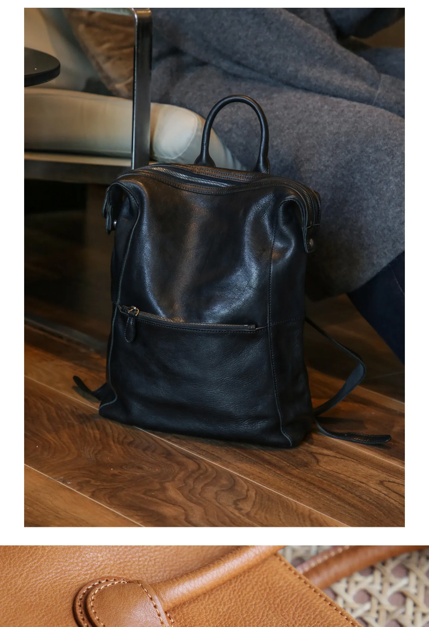 PNDME einfacher Vintage-Rucksack aus hochwertigem echtem Leder für Damen, lässiger, luxuriöser Schulrucksack aus pflanzlich gegerbtem Rindsleder für den täglichen Gebrauch. – Detail 17