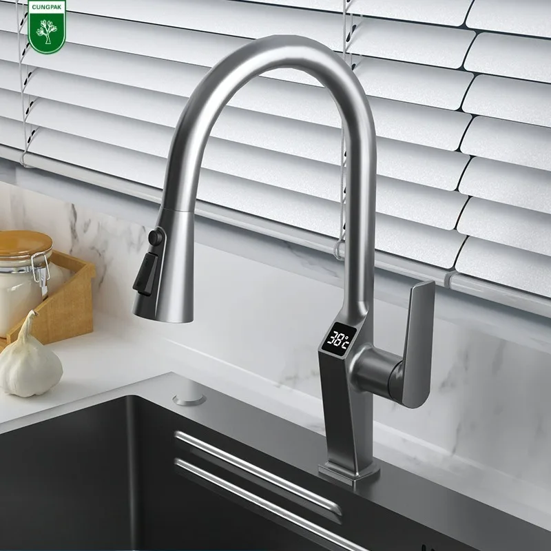 LED Digital Display Kitchen Faucet Pull-out Type Cold & Hot Rotatable Three-functionTaps Stainless Steel Splash-proof Sink Fauce