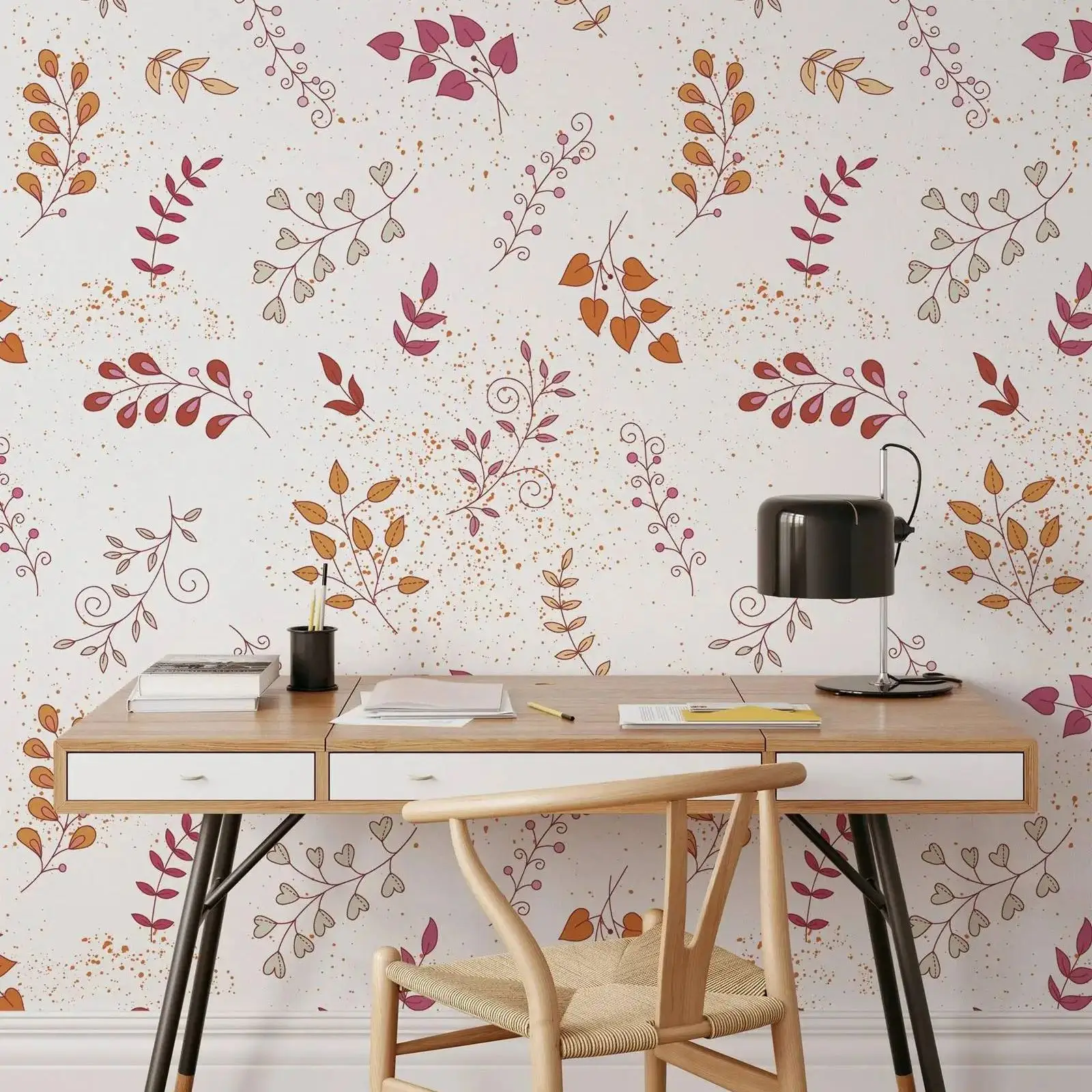 Colorful Leaf Branches Line Art Peel & Stick Wallpaper, Vintage-inspired Autumn Leaves Wall Mural,Self-adhesive Or Traditional