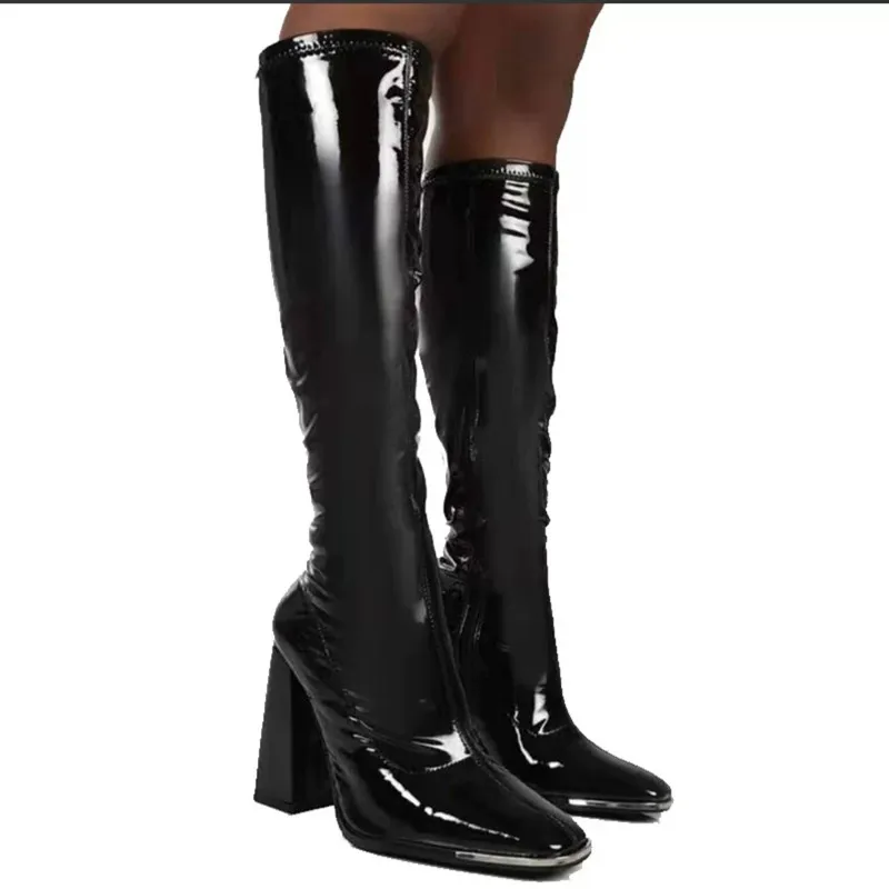 Brand Luxury Designer Platform Block High Heels Women Mid Calf Boots Fashion Candy Color Zipper Goth Ladies Shoes Patent Leather