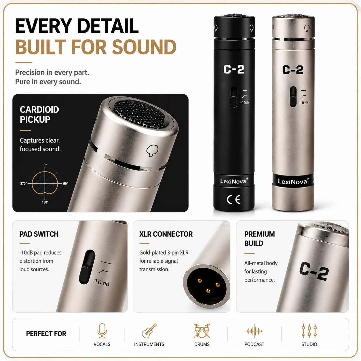 2-C / 614 Condenser Microphone Profissional Studio Instrument Mic 2 Pack for Drum Vocal Podcast Recording Microfone Condensador view 3