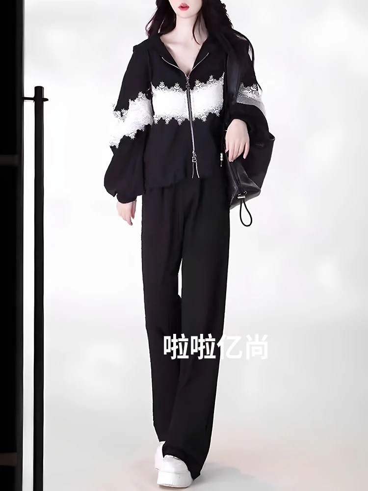 

Black Casual Sportswear Set Women's Fashion Anti-Aging Slimming Jacket Top Wide Leg Pants Two-Piece Set Spring 2026 Korean Style