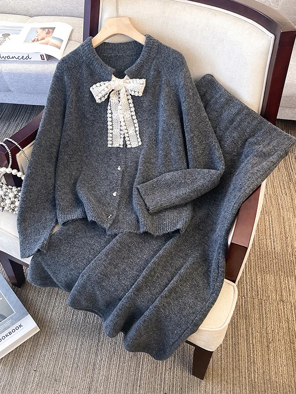 

Gray Sweater Jacket Set Women's plus Size Autumn Fashion Lazy Style Two-Piece Suit High Waist Knot Commute Style