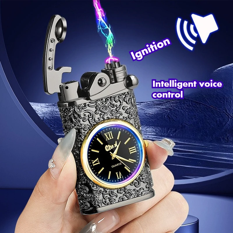 Rocker Arm Voice-Activated Arc Lighter, Watch & Power Display Electric Lighter, Rechargeable Dial Cigarette Lighter