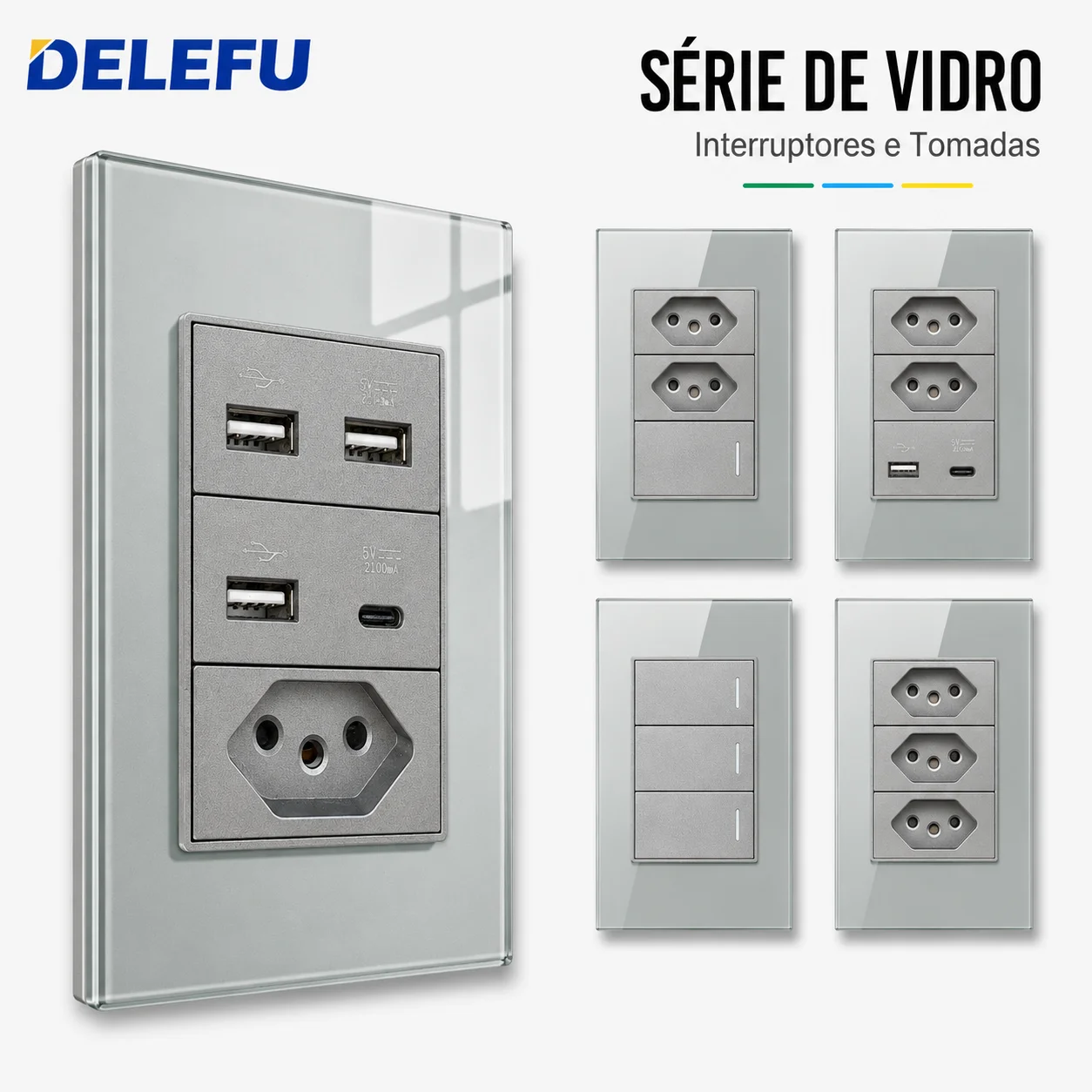 DELEFU Temperado Vidro Cinza Brasil Standard Outlet Dual Usb Tipo C Suíça Wall Socket Light Switch Suíça 118mm paralelos 10A 20A Carga rápida 20W  botão de pulsação  ligar e desligar satélite TV Cat5 Cat6 telefone