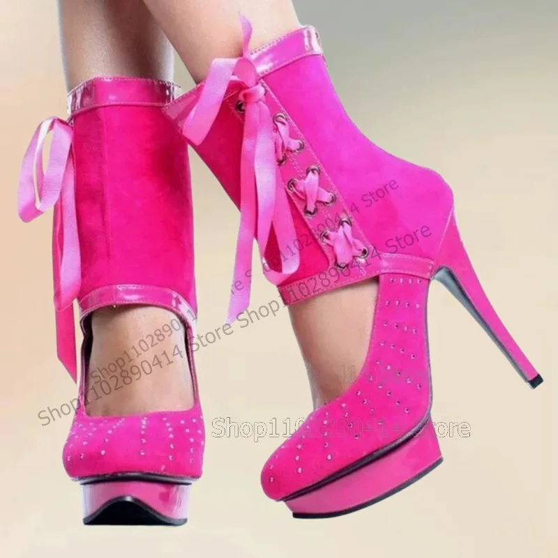 

Rose Red Rhinestone Decor Strappy Platform Boots Side Strap Women Shoes Thin High Heels Fashion Party 2025 Zapatos Para Mujere