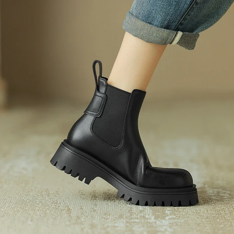 NEW Autumn Women Boots Split Leather Shoes for Women Round Toe Chunky Heel Boots Winter Short Boots Platform Ankle Boots Women