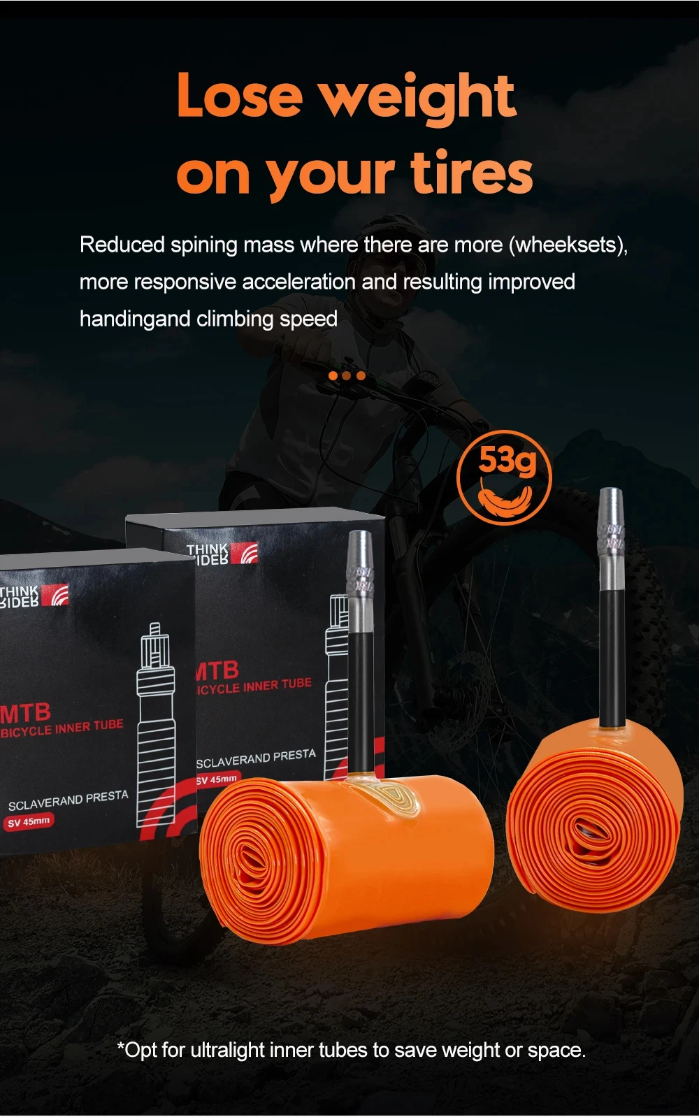 ThinkRider 2PSC Camera d'aria ultraleggera per bici 26 27,5 29 pollici MTB Bicicletta TPU Materiale Pneumatico 45mm Valvola francese Super leggero 18 ThinkRider 2PSC Camera d'aria ultraleggera per bici 26 27,5 29 pollici MTB Bicicletta TPU Materiale Pneumatico 45mm Valvola francese Super leggero 18