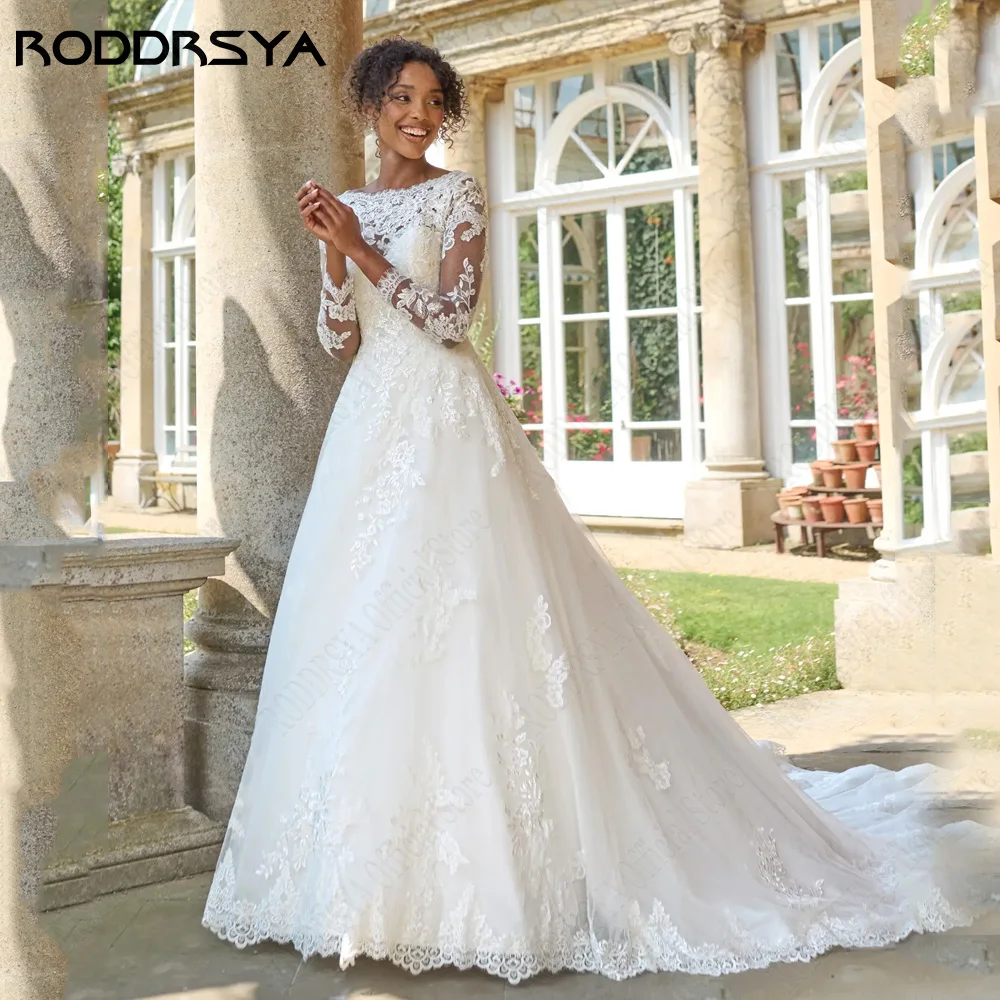 RODDRSYA Civil Wedding Dresses For 2024 Bride Long Sleeves Backless Scoop Bride Gowns A-Line Lace Applique vestido de noiva