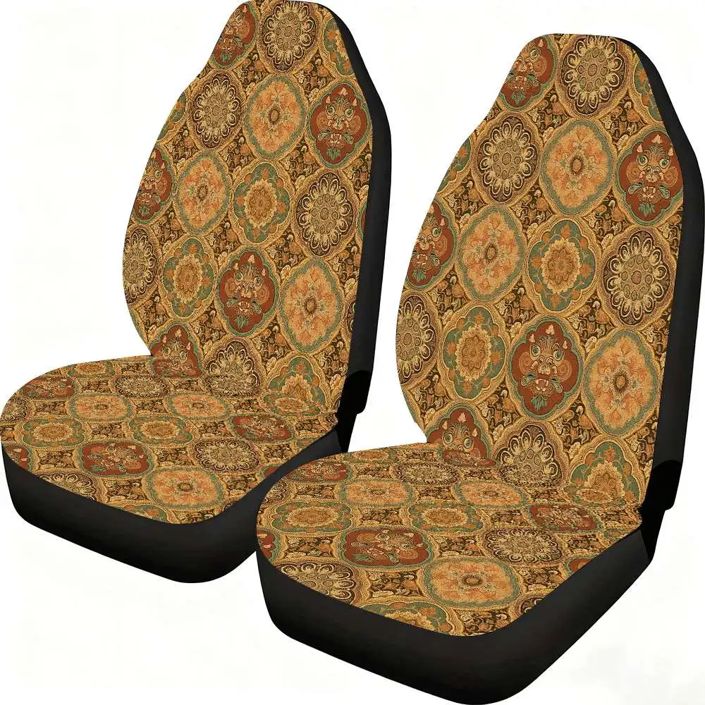 

2pcs Vintage Oriental Floral Pattern Car Seat Covers Suitable For Front Seats, High Back Design, Material, Suitable For Cars, SU
