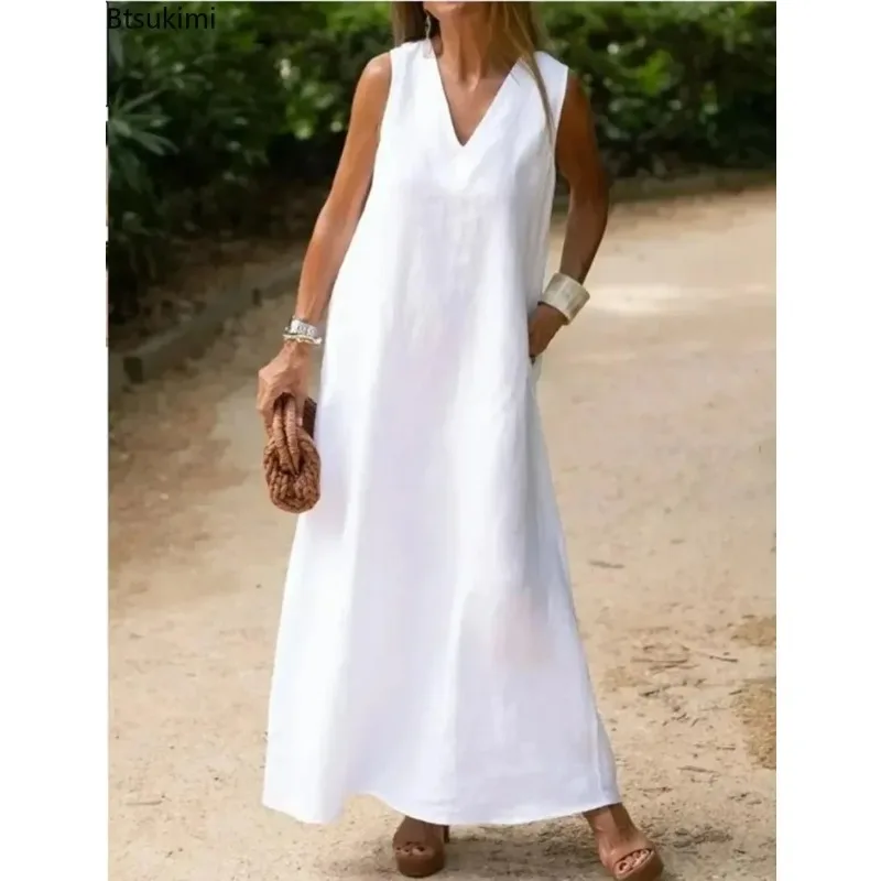 

Summer solid color V-neck sleeveless long dress women's cotton and linen casual loose dress 2025 white fashionable streetwear