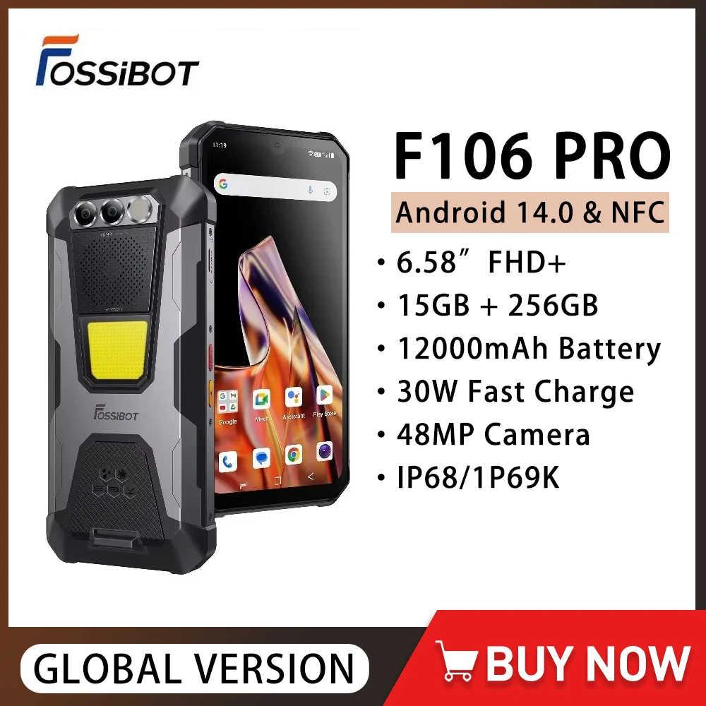 Прочный смартфон FOSSiBOT F106 PRO 4G Android 14 15 ГБ (8 + 7 ГБ расширенный) 256 ГБ ПЗУ 12000 мАч 48 МП 30 Вт 6,58 дюймов FHD + мобильный телефон NFC