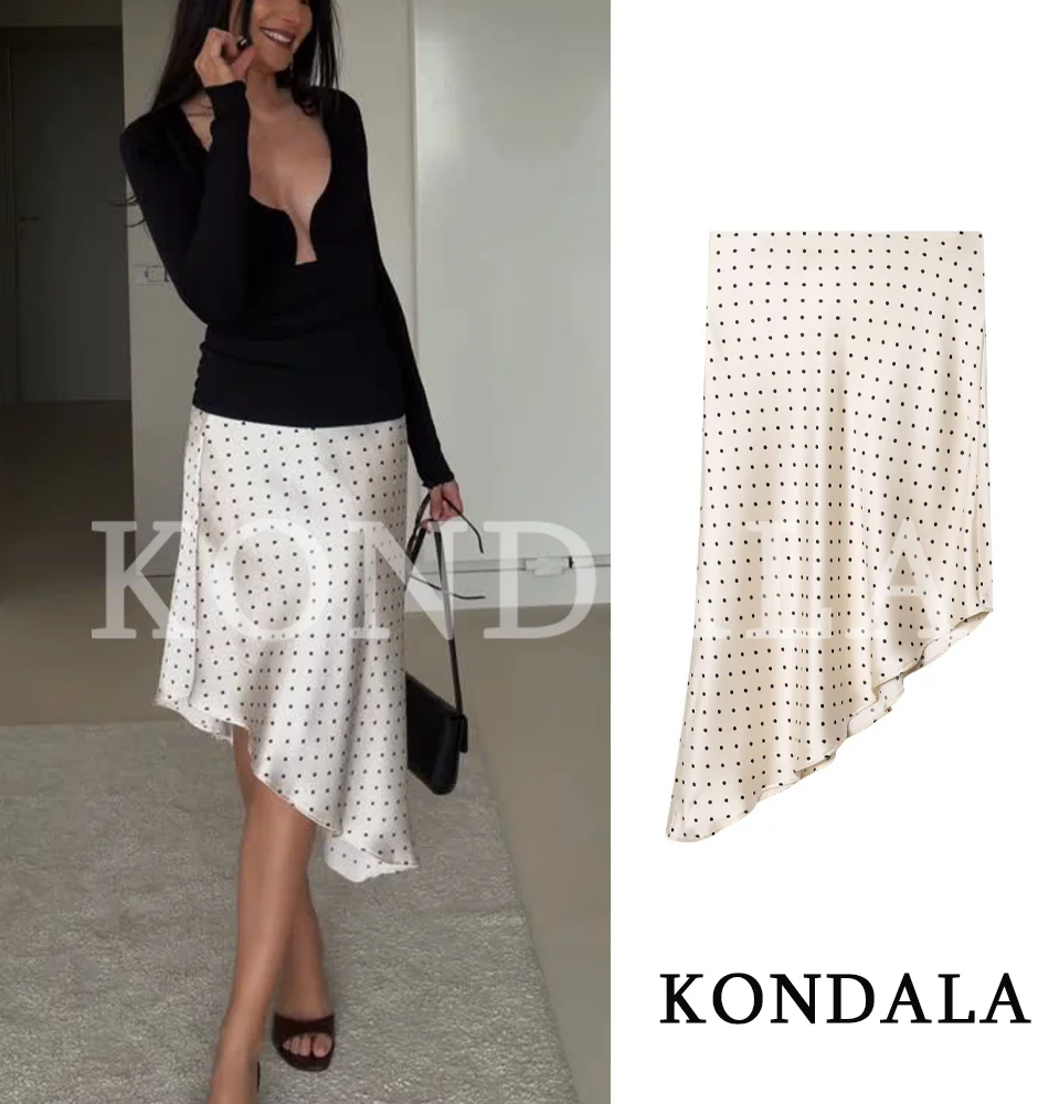

Элегантная шикарная юбка в горошек KONDALA для женщин, модная асимметричная атласная юбка с подолом, новинка 2026 года, весенне-летняя модная юбка миди