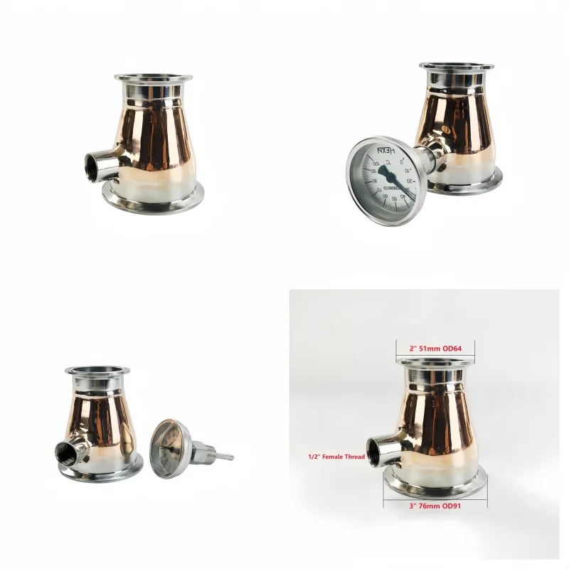 4 Inch X 2 Inch / 3 Inch X 2 Inch, Tri Clamp Copper Reducer With 1/2' (DN15) Thermometer Connector for Distillation, Concentric