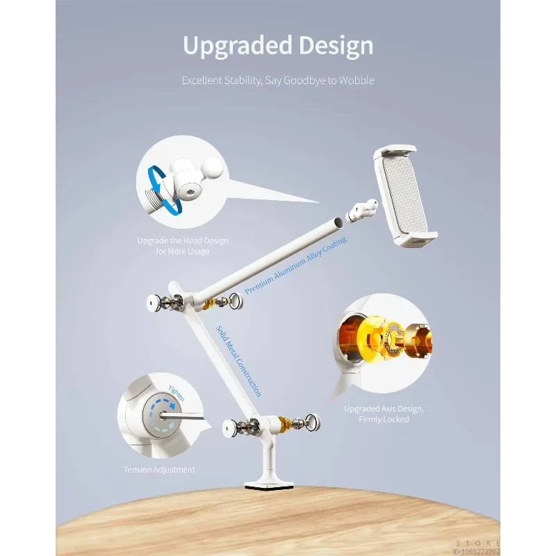 360° Rotating Long Arm Aluminum Tablet Stand, Clamp Mount for 4.7-12.9