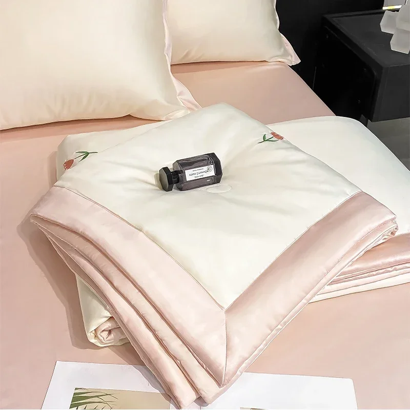 

High-end Embroidered Spring Summer Quilt 4 Pcs Set or 3 Pcs Set or 1 Pcs Luxury Skin- Friendly Summer Blanket Lightweight Duvet