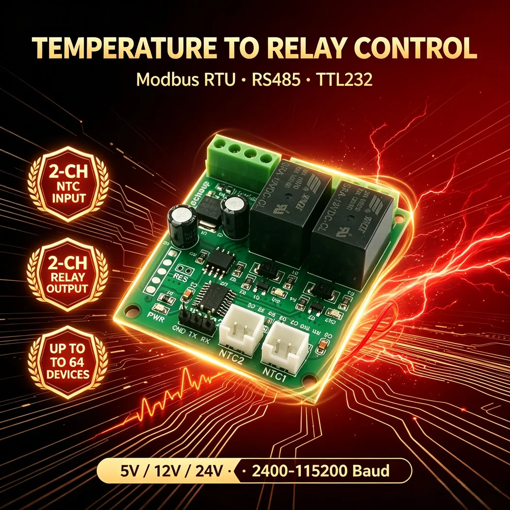 Modbus RTU Temperature Relay Module 2CH NTC 10K B3950 Input 2CH 10A Relay RS485 TTL232 5V 12V 24V