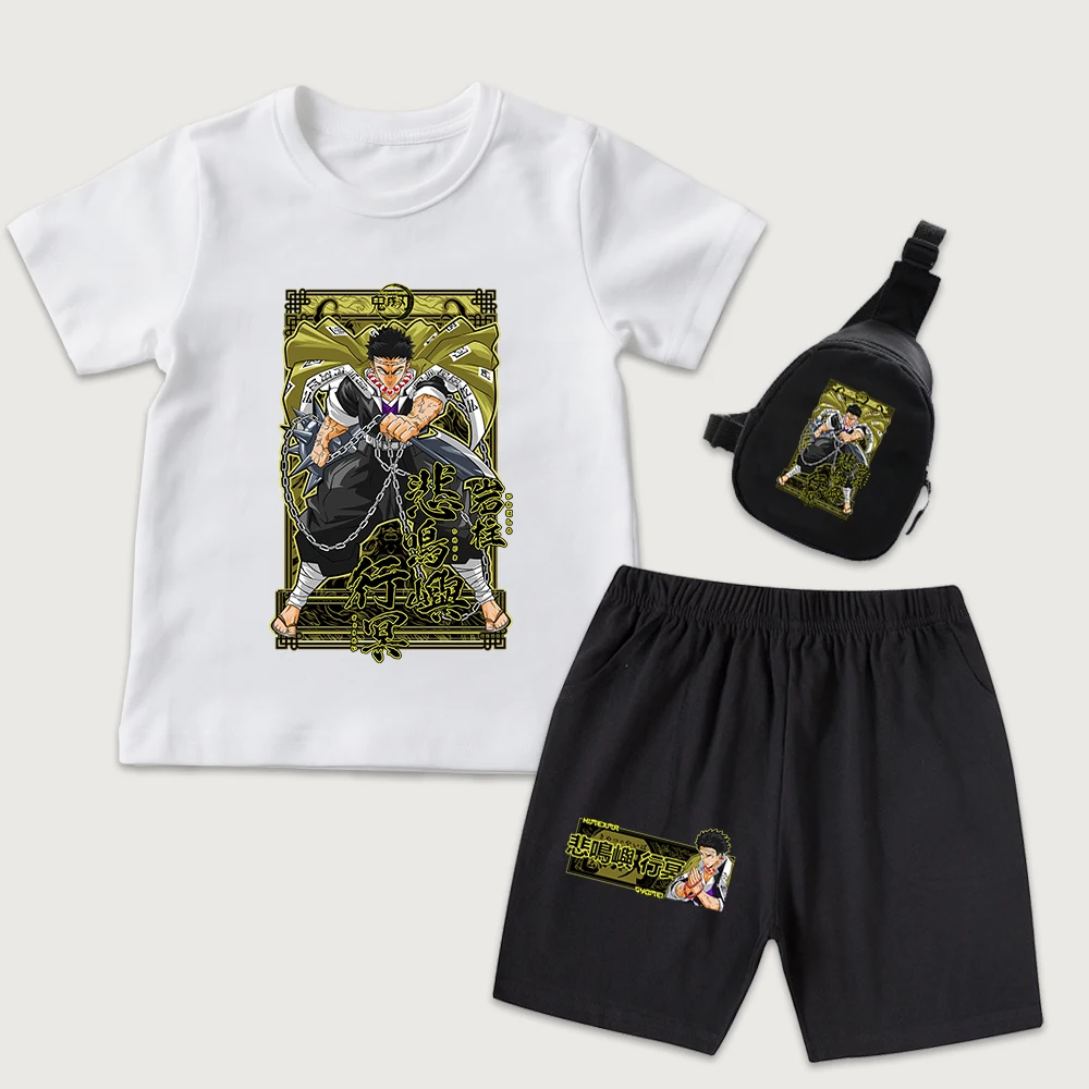 Demon Slayer Himejima Graphic Print Kids T Shirt and Shorts Set with Mini Chest Bag 3 Piece Summer Outfit for Teens