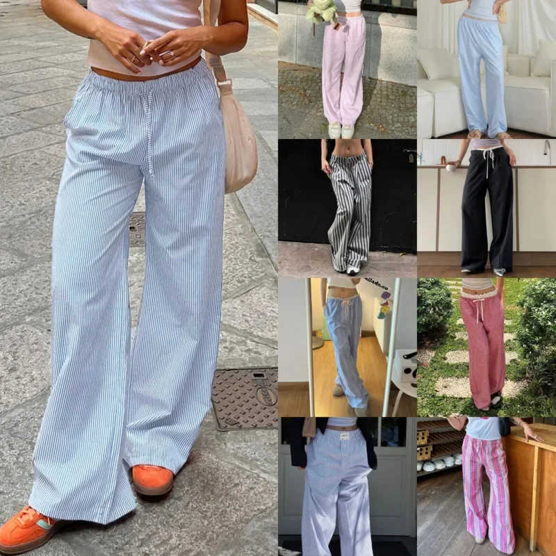 

Striped Pants Women American Striped Splicing Contrasting Color High Waisted Drawstring Loose Straight Tube Woven Wide Leg Pants