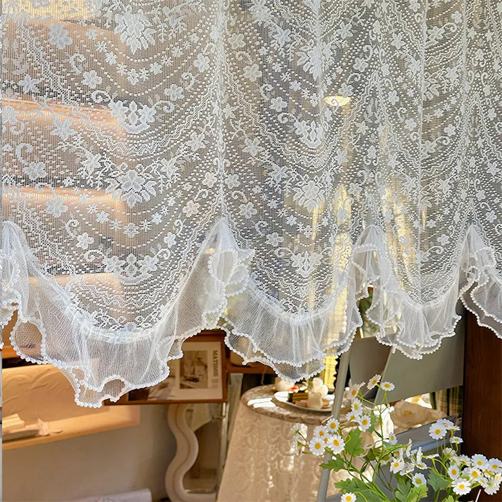 Korean Style Fresh Kitchen Short Curtains with Beaded Ruffles Curtains Valance Small Window Rods Pocket Window Drapery