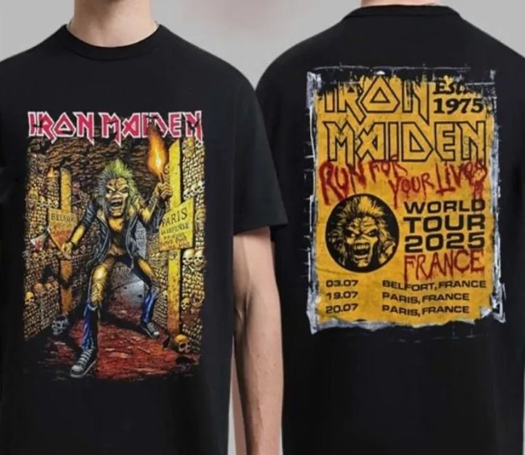 Hot 1 Iron Maiden Run for Your Lives World Tour 2025 France Réimpression 2020s Concert Tour Tee Band Merch Graphic Tee Unisexe