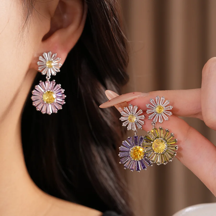 Color-block Double Sunflower Dangle Stud Earrings Round Geometric Zircon Floral Drop Earrings for Women Picnic Holiday Jewelry N