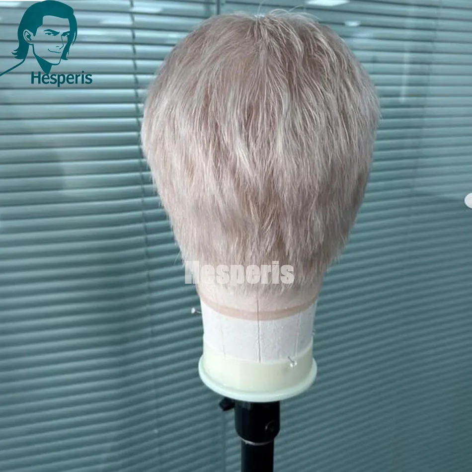 Hesperis Men's Platinum Blonde Full Lace Wig 60# Short Boy Cut Brazilian Remy Hair Male Hair Replacement Prestyled Straight