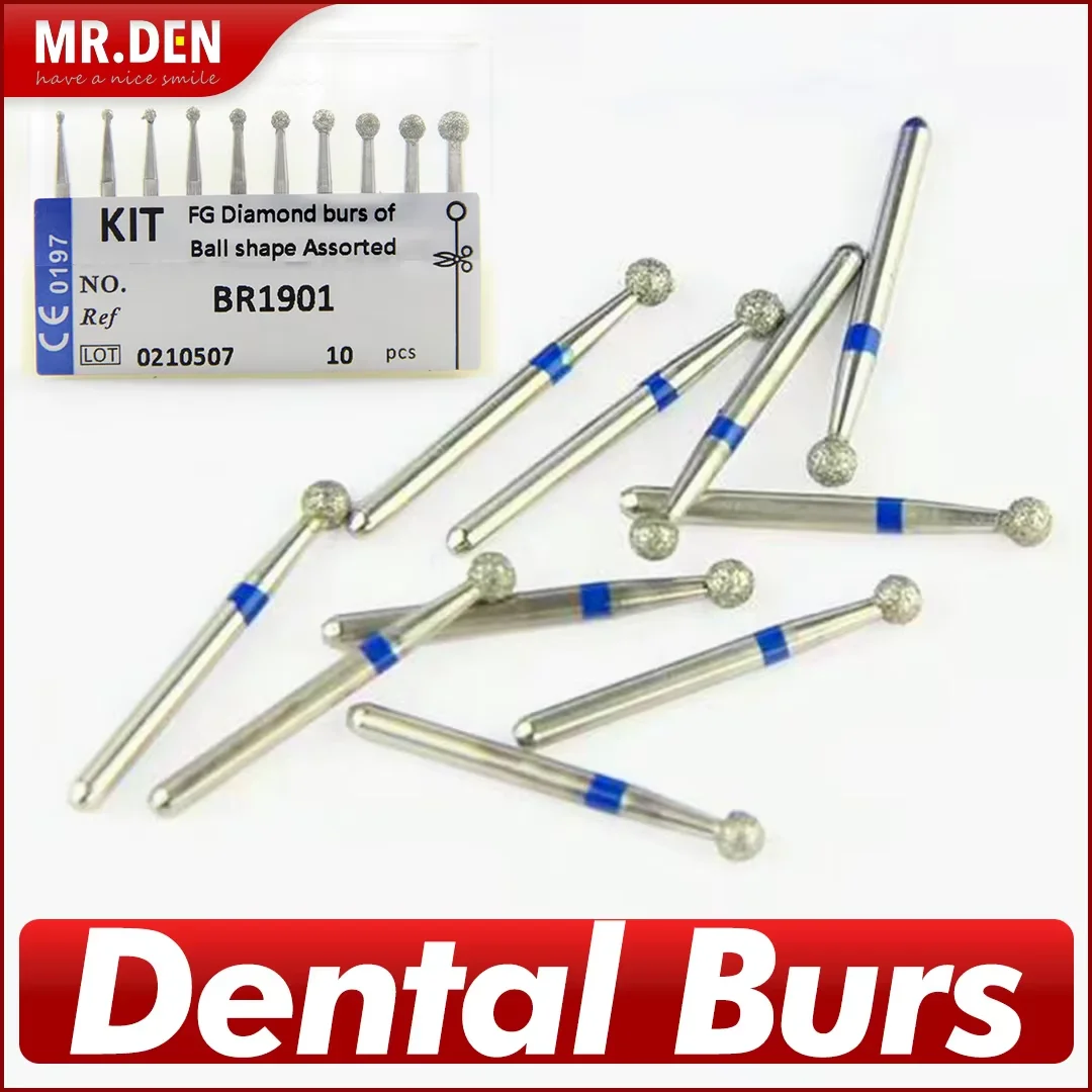 

MR DEN High Quality Dental Burs 10pcs/Set Orthodontic Burs Kits Diamond Burs of Ball Shape Assorted in FG Shank Long BR1901