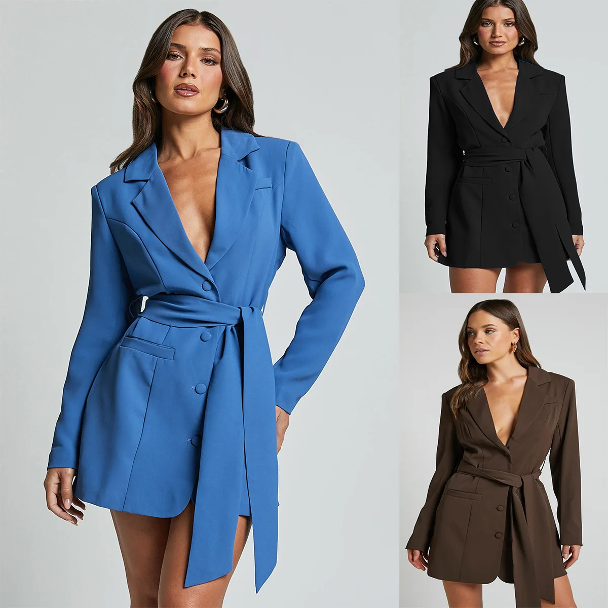 

Весенне-осенний женский повседневный мини-костюм, платье, длинные пиджаки, тонкие куртки с длинными рукавами и отложным воротником на шнуровке