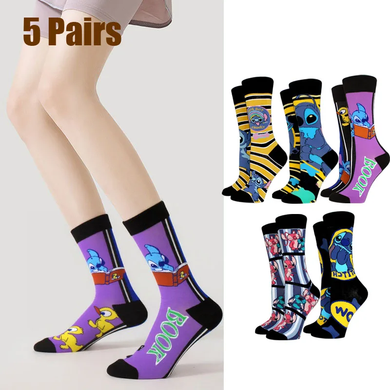 

5 Pairs Stitch AB Style Women Socks Cartoon Anime Socks Crew Sock Casual Cute Girl Socks Creative Happy Funny Socks Size 36-42