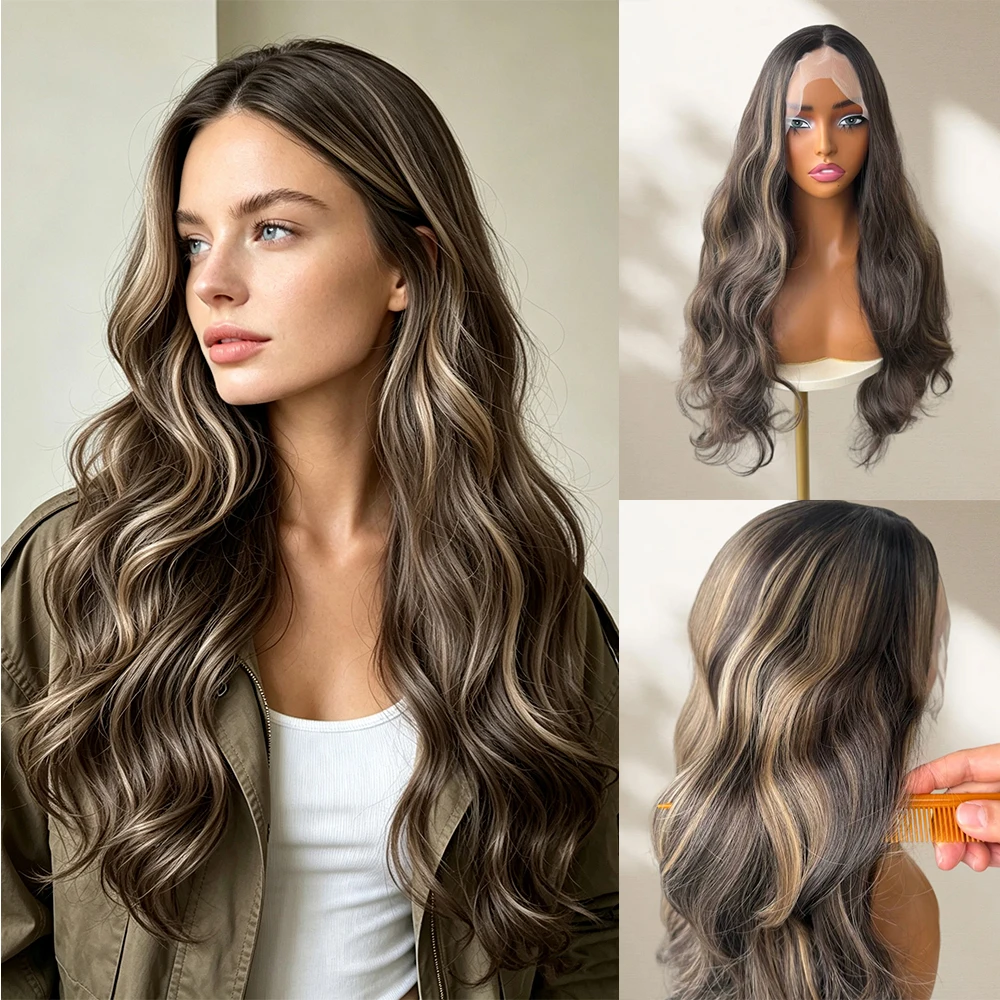 Premium Futura Fiber Wig 13x4 HD Lace Front Wig Brunette Brown Blonde Highlights Lady Wig Glueless Pre Plucked Natural Look Wig
